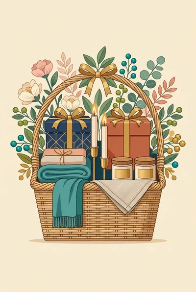 Illustrated Gift Basket With Presents And Flowers