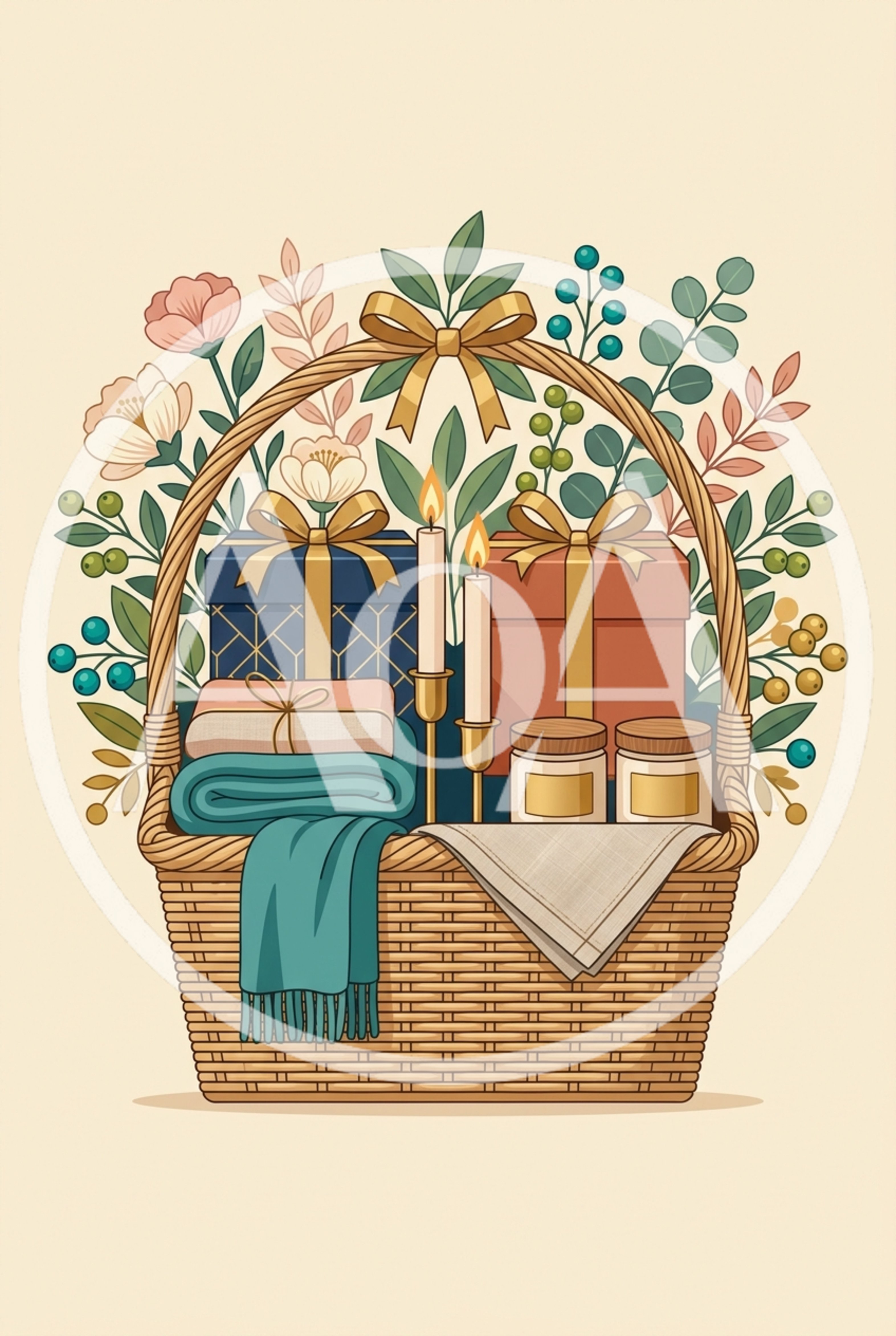 Illustrated Gift Basket With Presents And Flowers