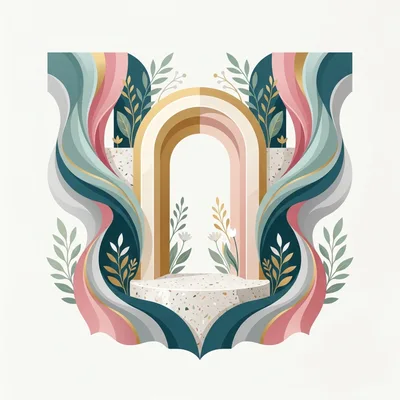 Abstract Archway Display With Terrazzo Podium And Floral Elements