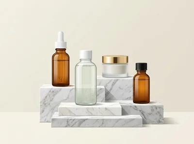 Cosmetic Skincare Bottles On Marble Pedestals