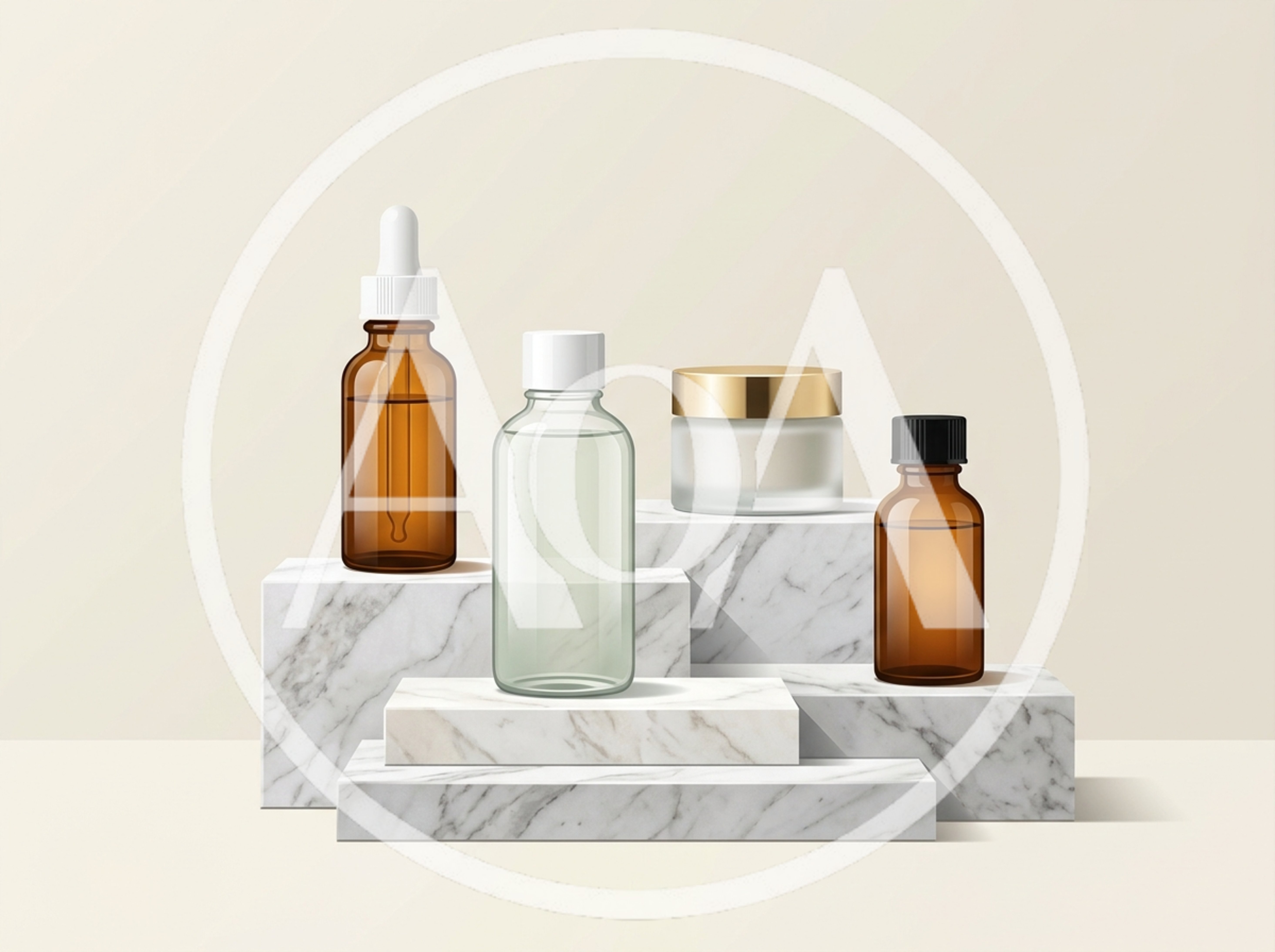 Cosmetic Skincare Bottles On Marble Pedestals
