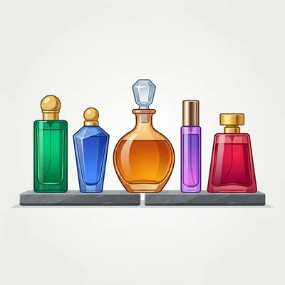 Five Colorful Perfume Bottles Displayed On A Stone Shelf