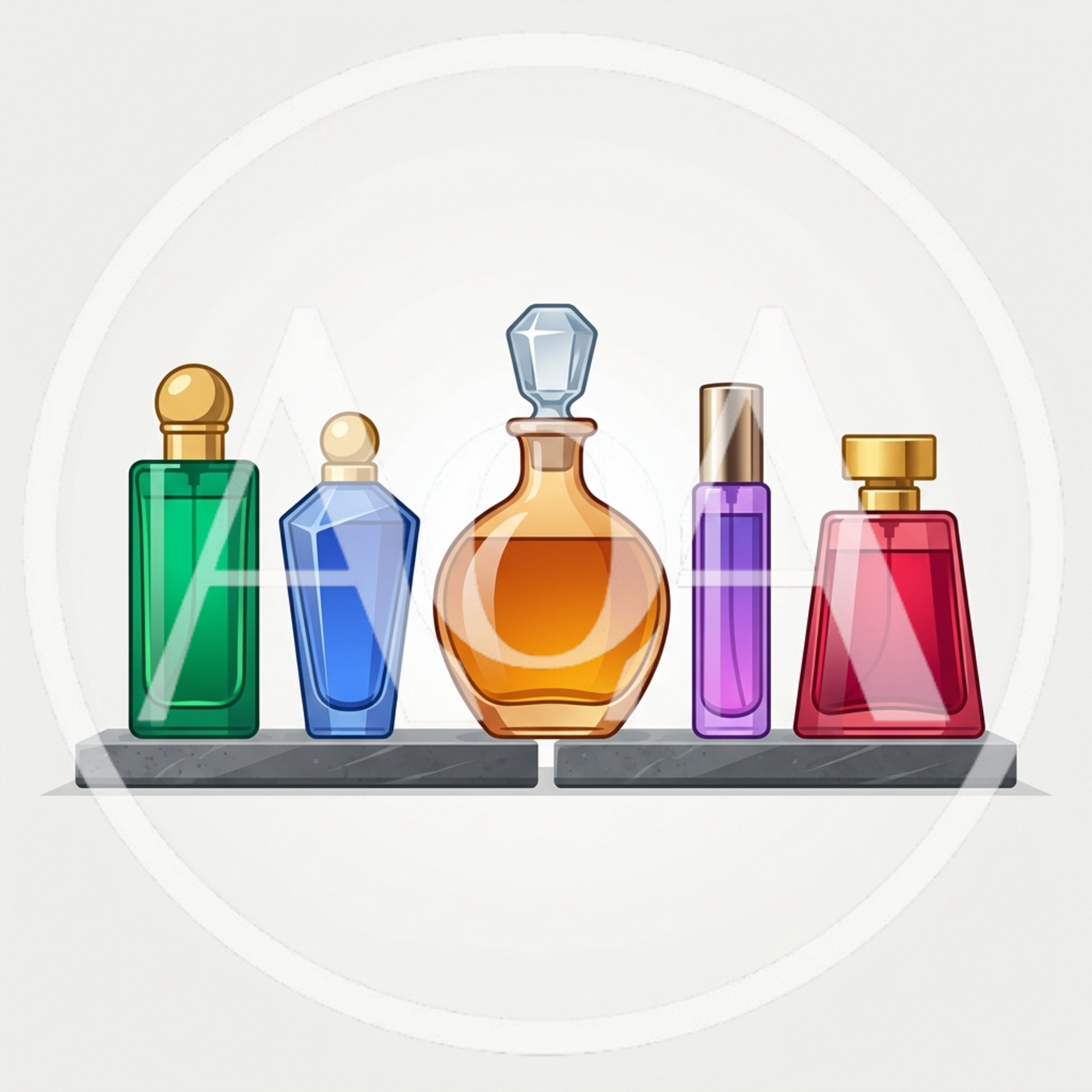 Five Colorful Perfume Bottles Displayed On A Stone Shelf