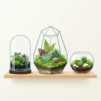 Three Decorative Glass Terrariums On A Wooden Shelf