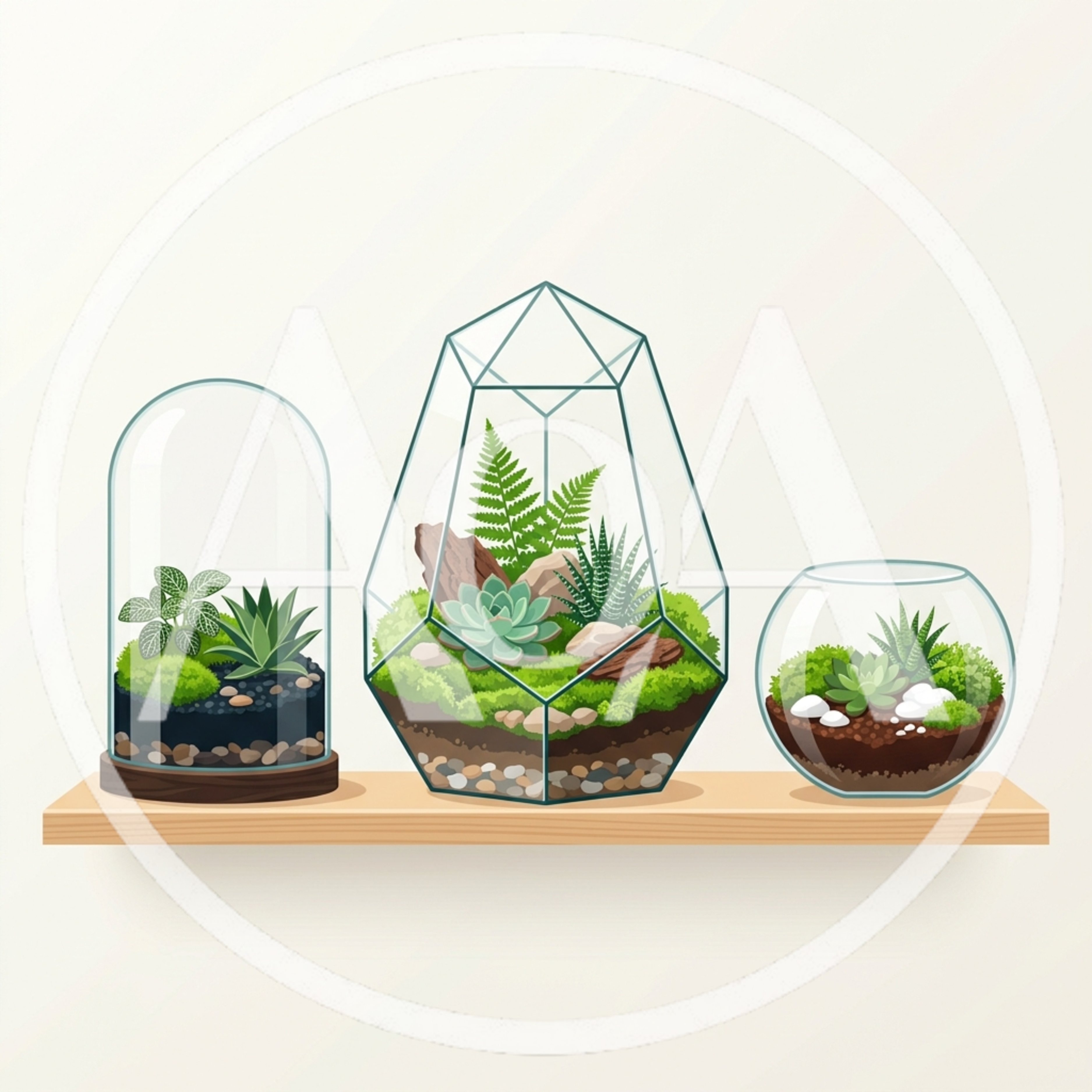 Three Decorative Glass Terrariums On A Wooden Shelf