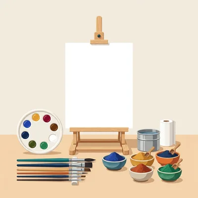 Artist Workspace With Easel And Painting Supplies