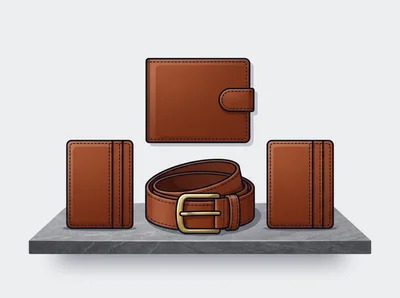 Brown Leather Wallet And Belt Set On Stone Shelf