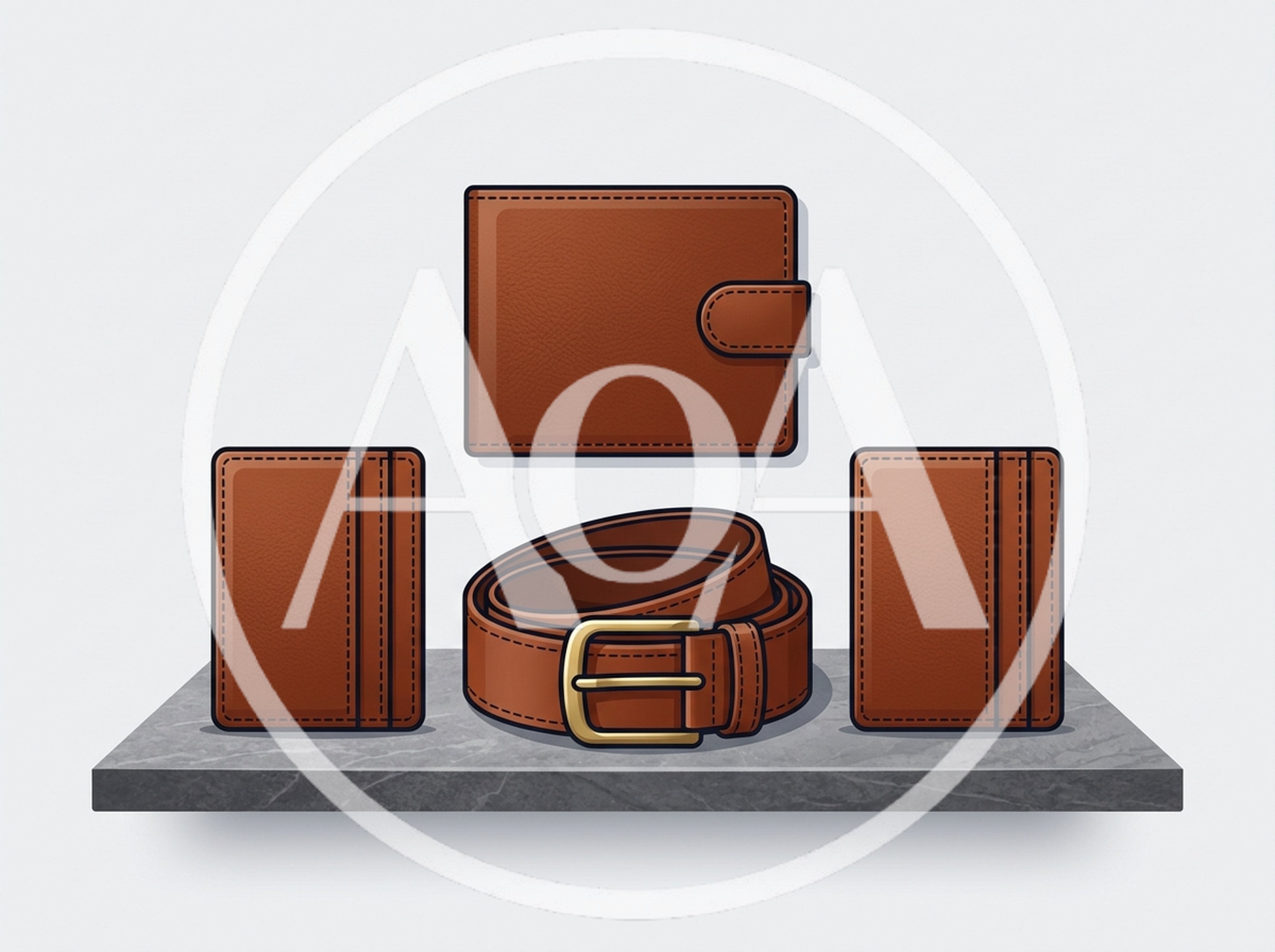 Brown Leather Wallet And Belt Set On Stone Shelf