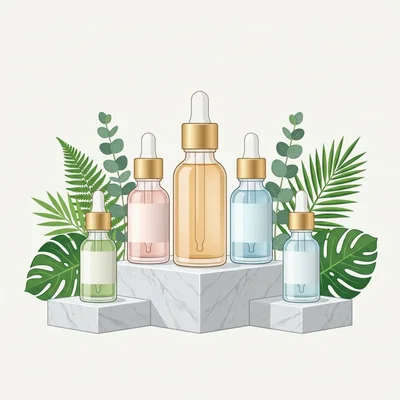 Cosmetic Serum Bottles on Marble Pedestals with Tropical Leaves