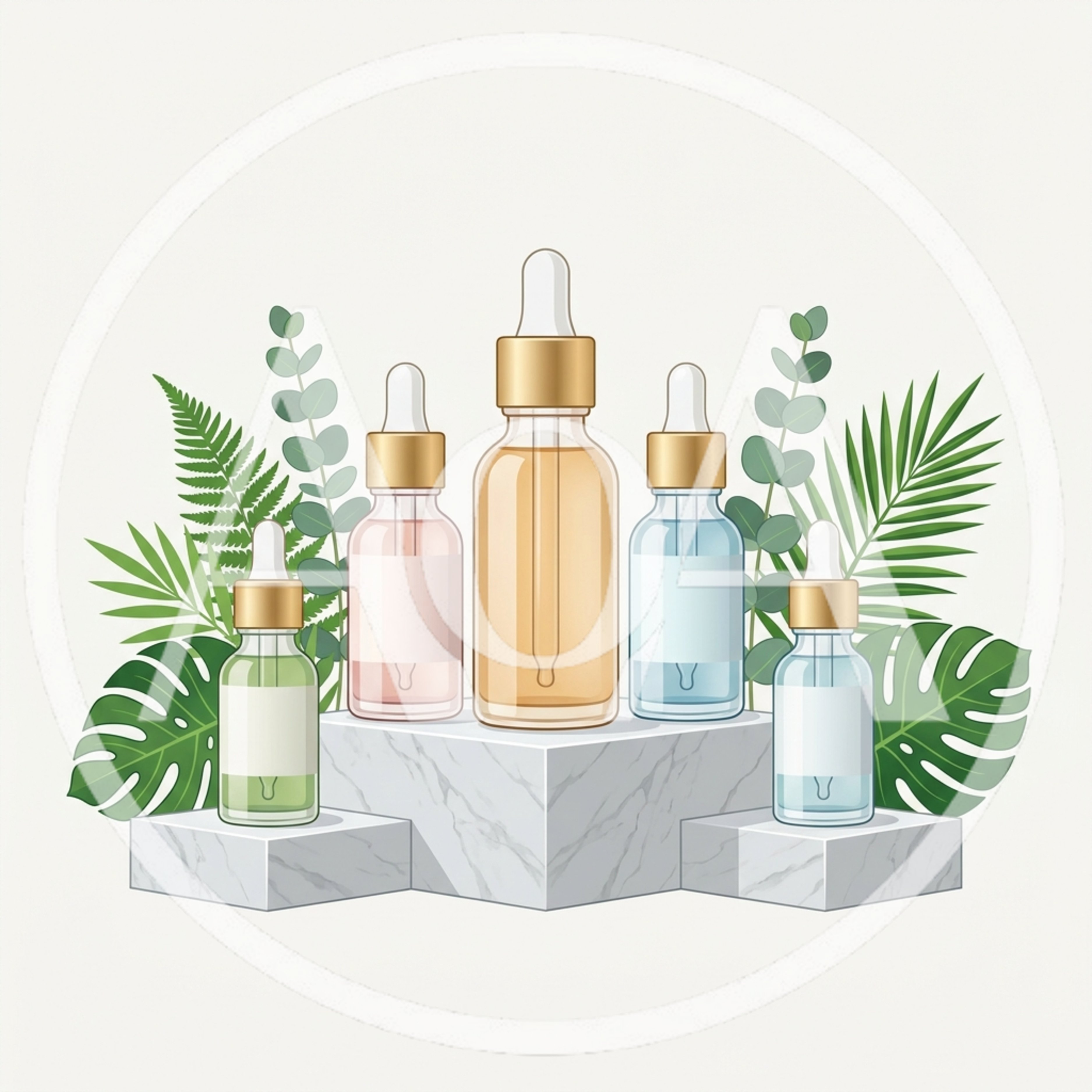 Cosmetic Serum Bottles on Marble Pedestals with Tropical Leaves