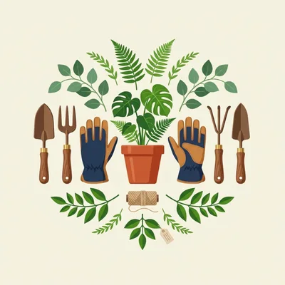Gardening Tools And Potted Plant Flat Lay Illustration