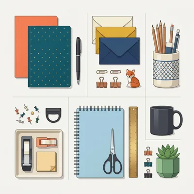 Flat Lay Collection Of Office Stationery And Supplies