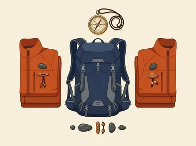 Hiking Gear Essentials With Backpack Compass And Jackets
