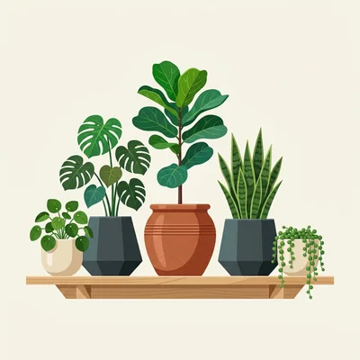 Collection Of Potted Houseplants On A Wooden Shelf