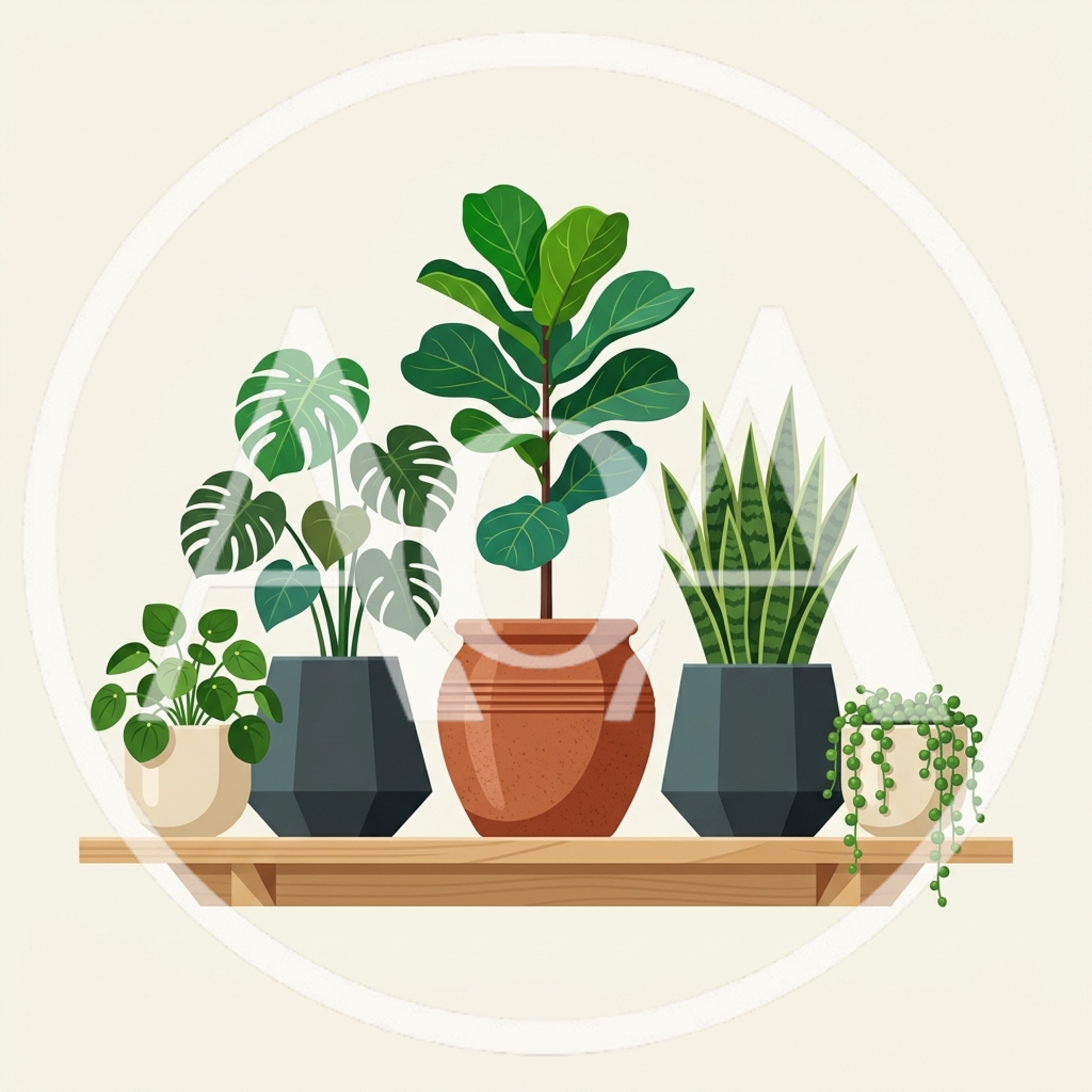 Collection Of Potted Houseplants On A Wooden Shelf