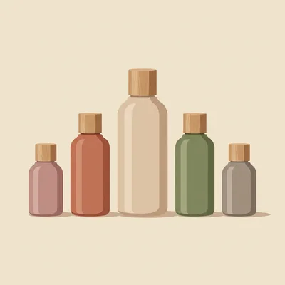 Set Of Five Minimalist Cosmetic Bottles With Wooden Caps