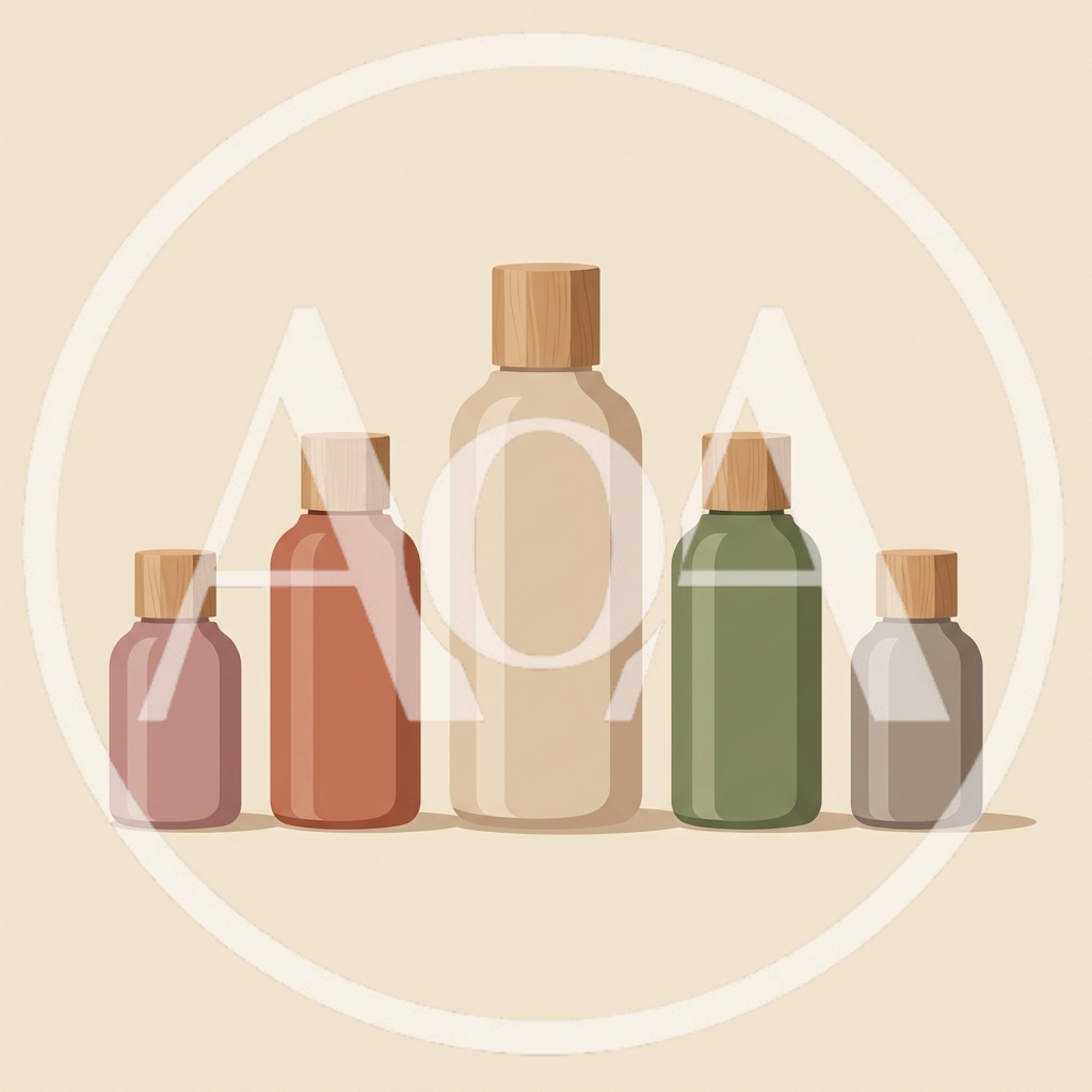 Set Of Five Minimalist Cosmetic Bottles With Wooden Caps