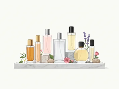 Collection of Perfume Bottles on Marble Shelf