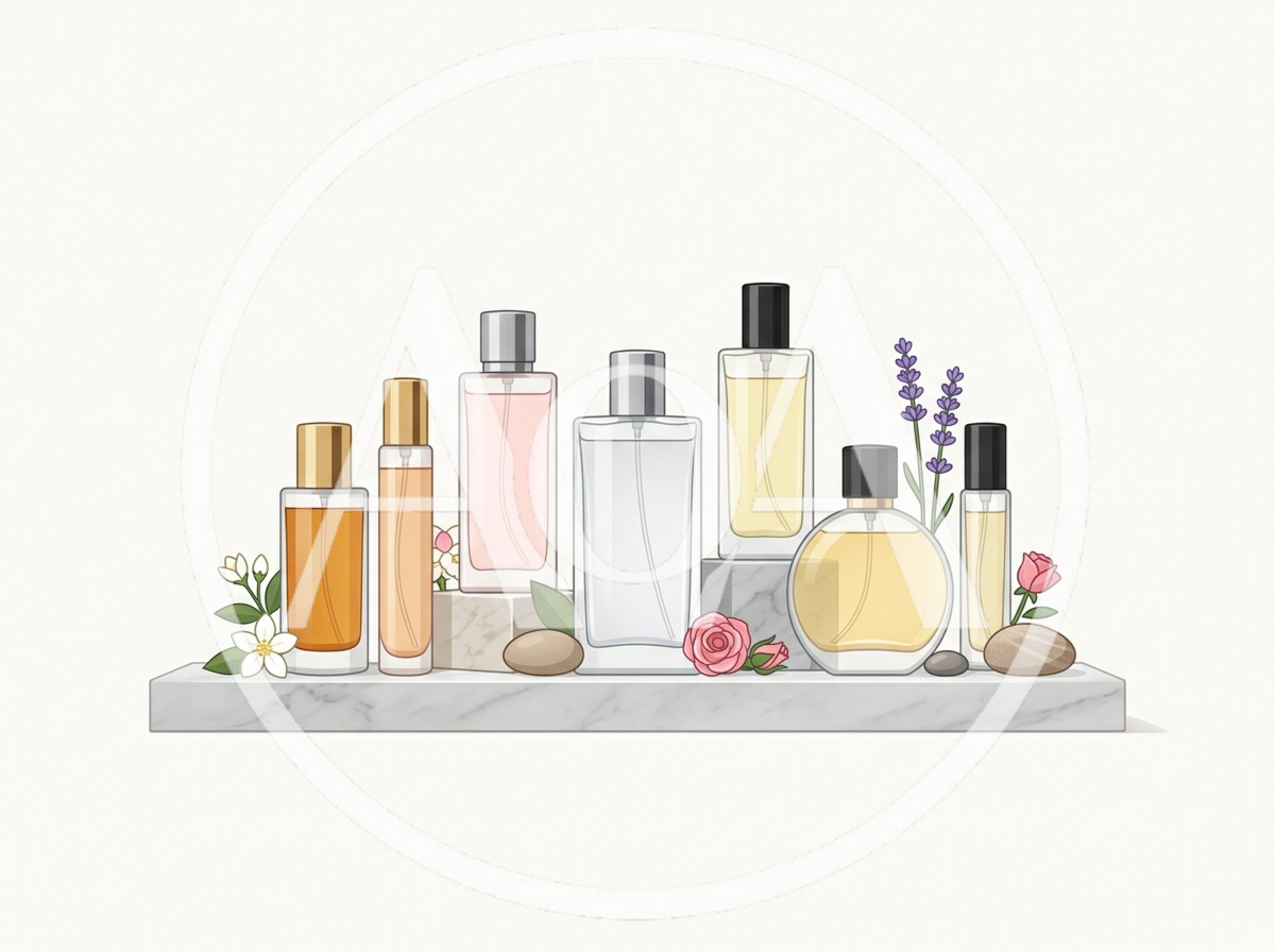 Collection of Perfume Bottles on Marble Shelf