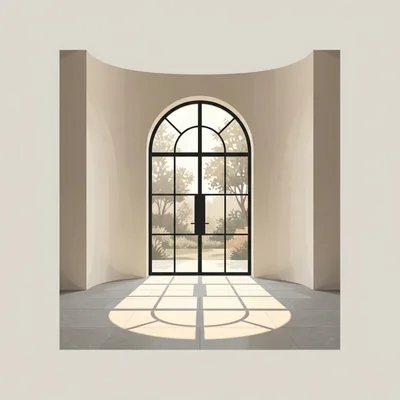 Minimalist Interior With Arched Glass Door And Sunlight