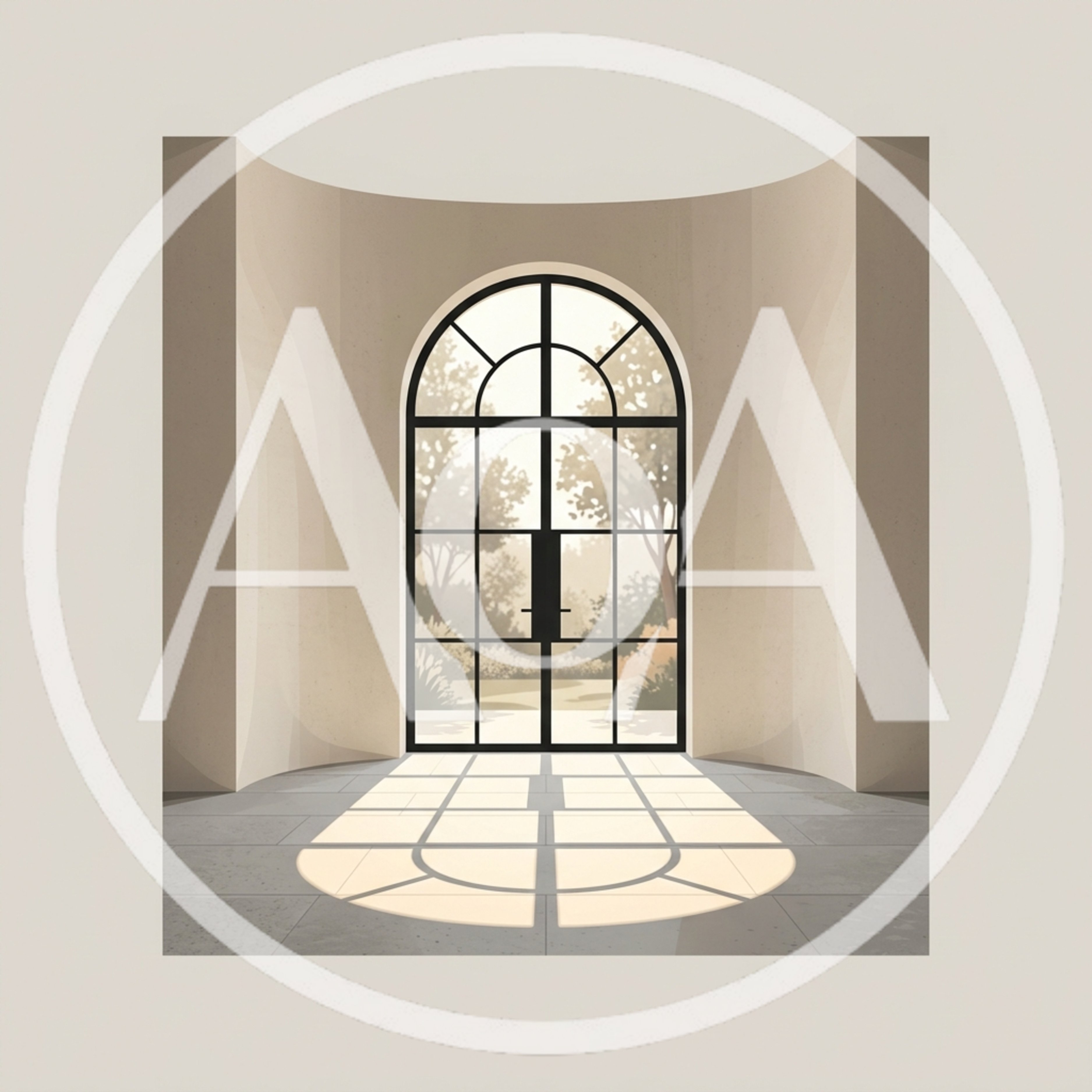 Minimalist Interior With Arched Glass Door And Sunlight