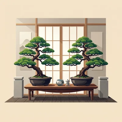 Two Bonsai Trees on a Wooden Table