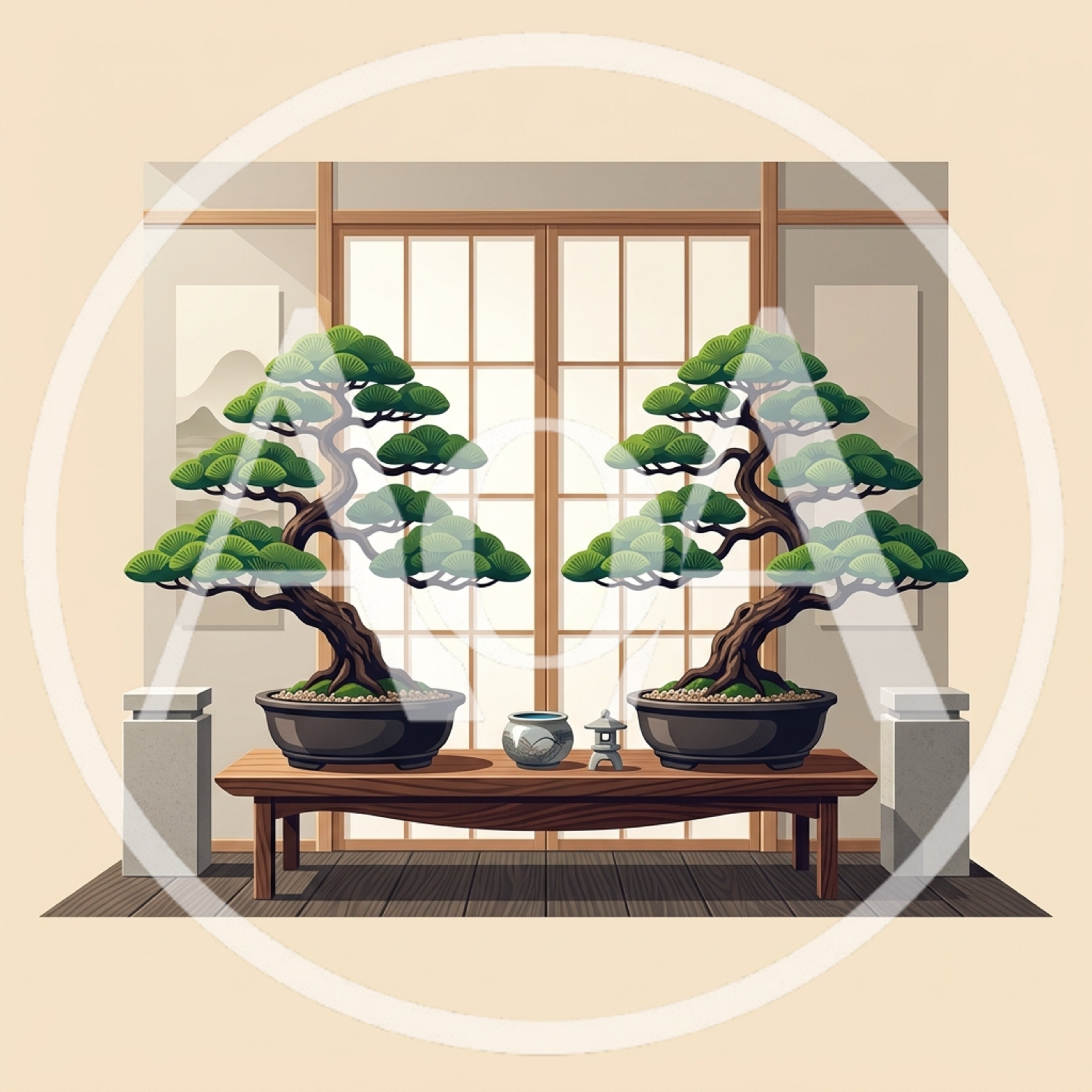Two Bonsai Trees on a Wooden Table
