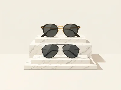 Two Pairs Of Sunglasses On Marble Pedestals