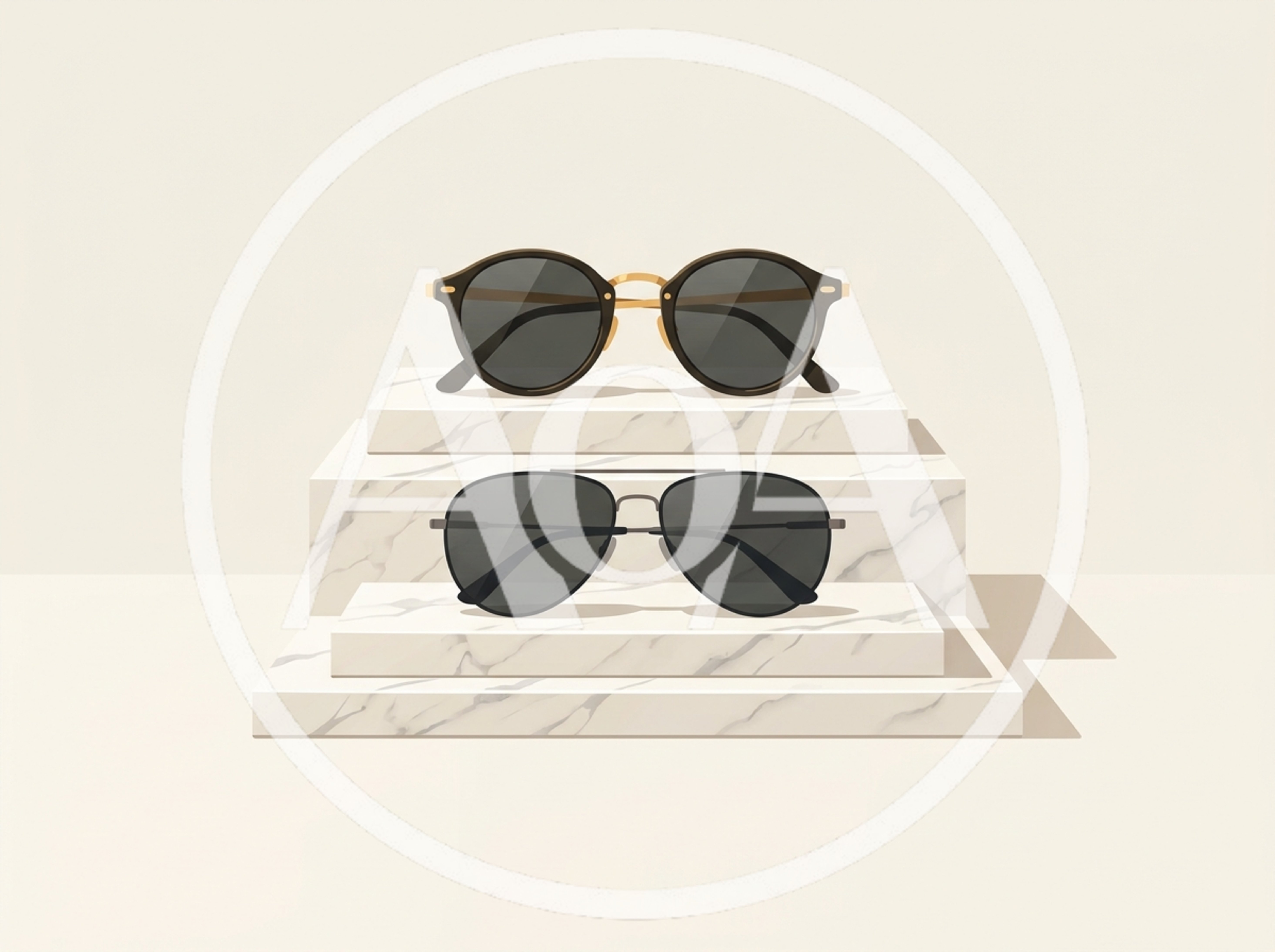 Two Pairs Of Sunglasses On Marble Pedestals
