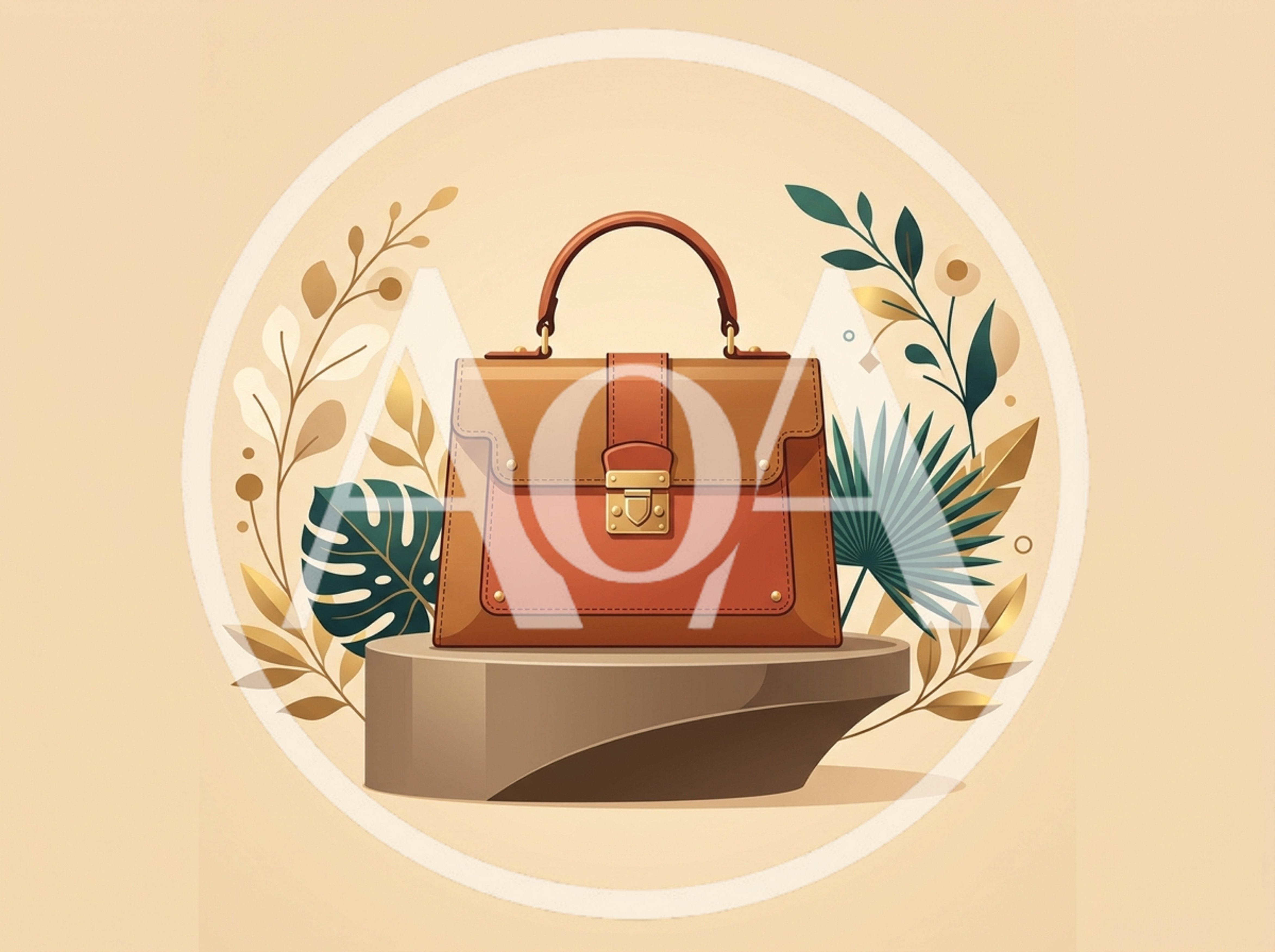 Elegant Leather Handbag Displayed On Stone Pedestal