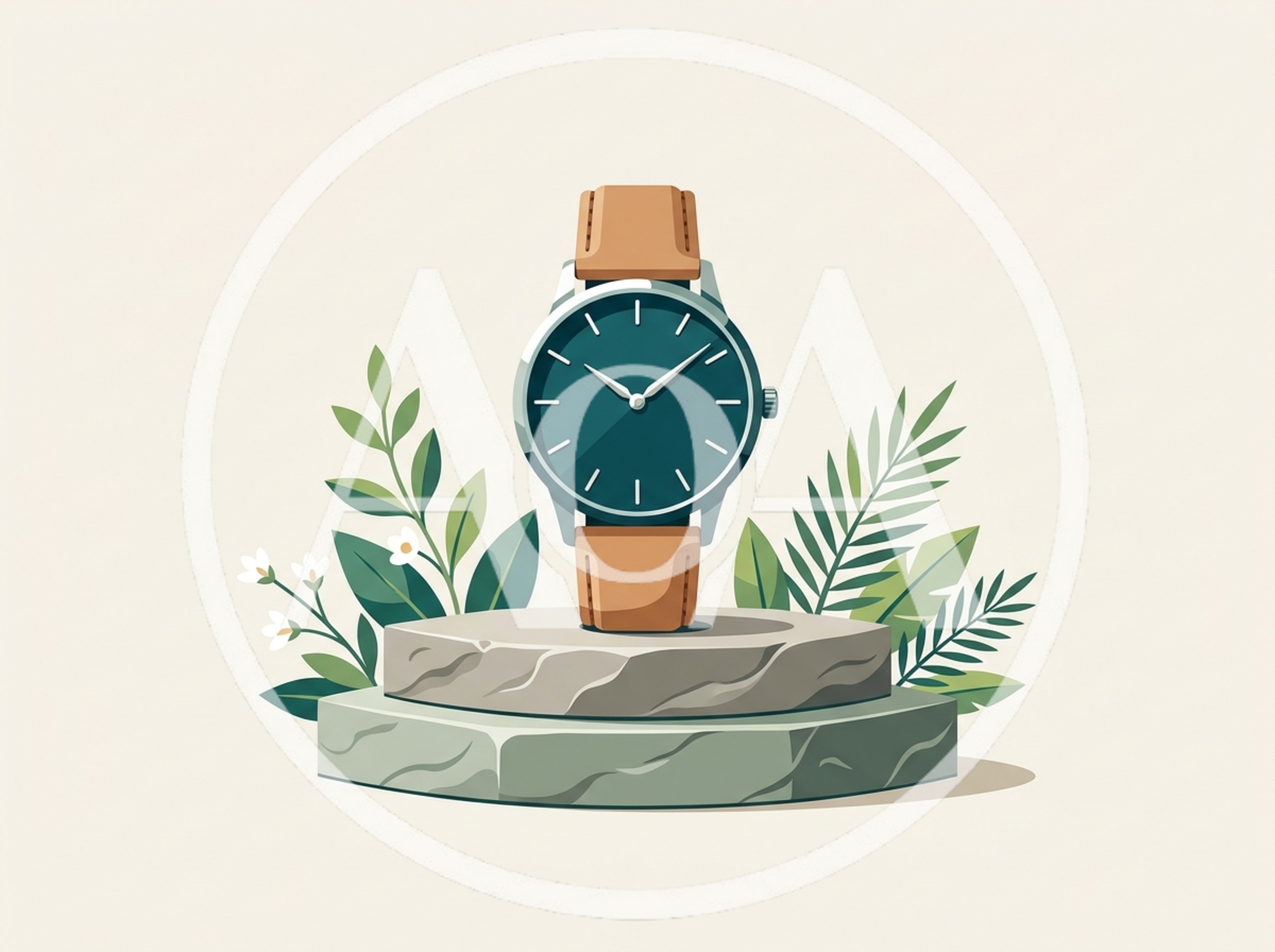 Wristwatch Displayed on Stone Pedestal with Tropical Foliage