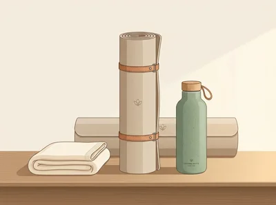 Yoga Mat and Water Bottle on Wooden Surface
