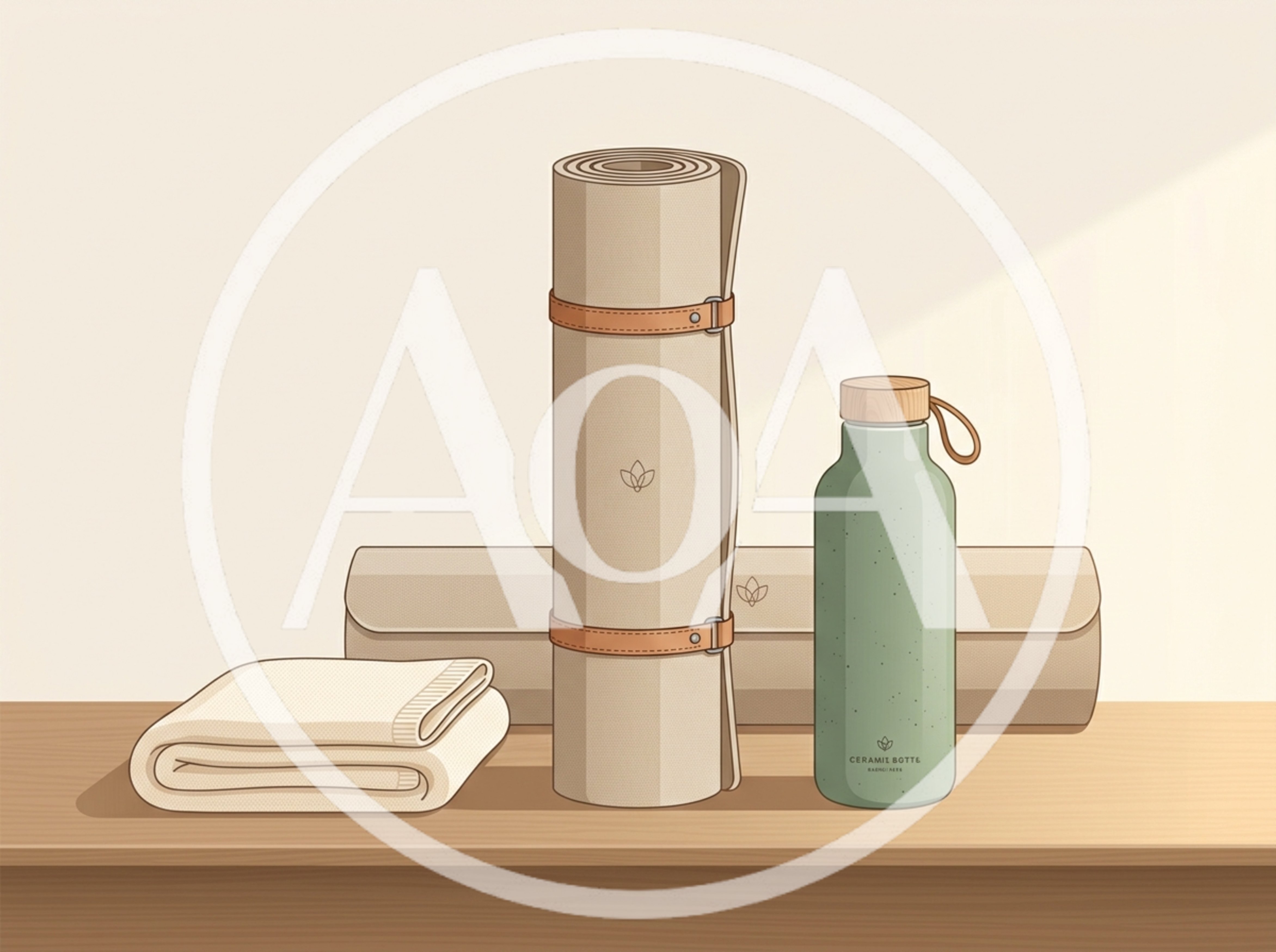 Yoga Mat and Water Bottle on Wooden Surface