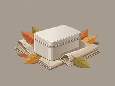 Minimalist Metal Box On Folded Fabric With Autumn Leaves