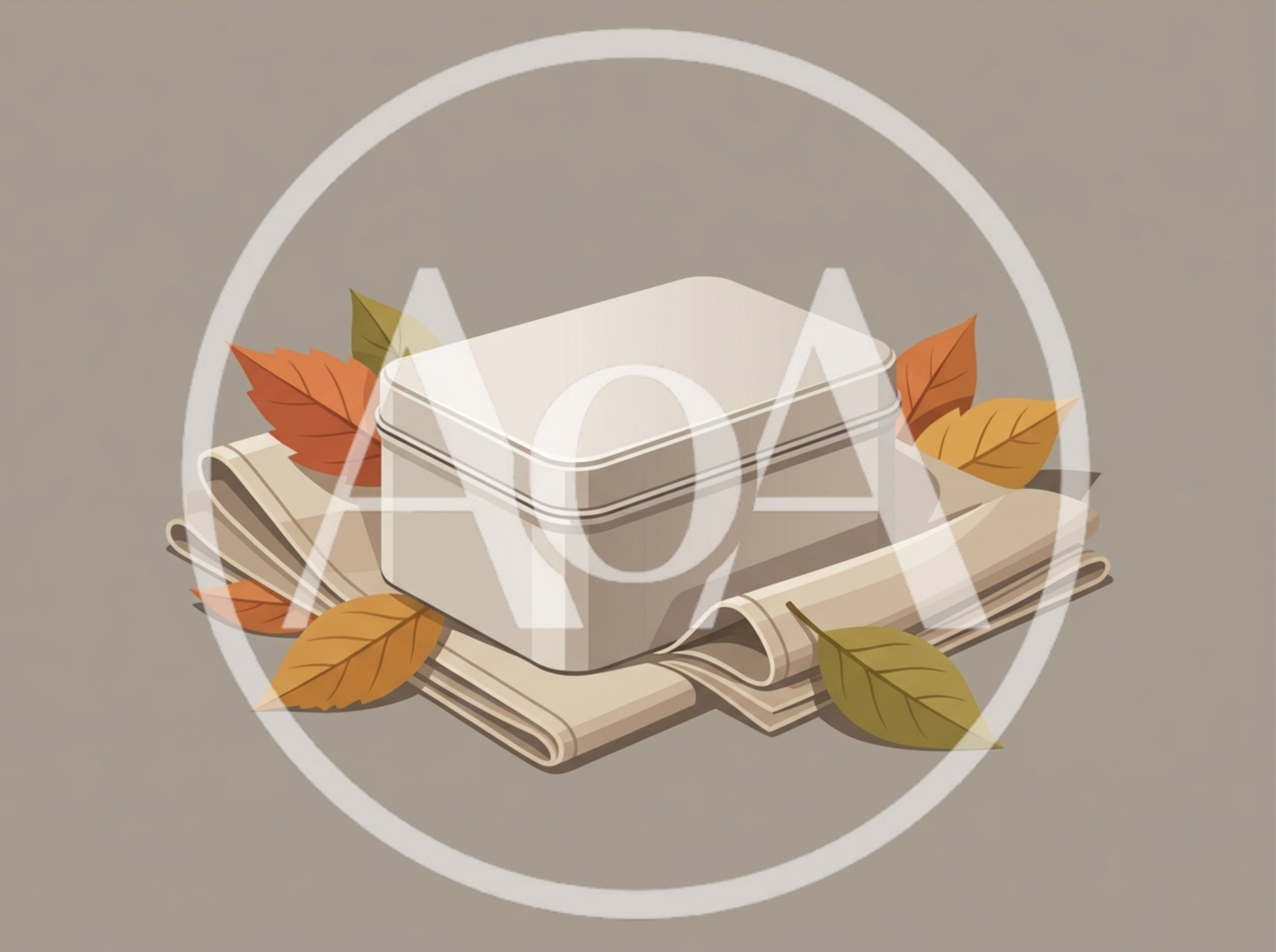 Minimalist Metal Box On Folded Fabric With Autumn Leaves