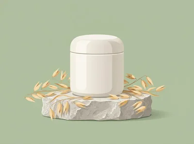 Blank Cosmetic Cream Jar On Stone Pedestal With Oats