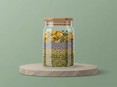Glass Jar Filled With Layered Dried Herbs And Flowers
