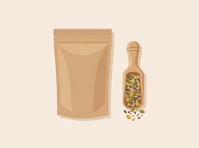 Kraft Paper Pouch With Wooden Scoop Of Mixed Seeds