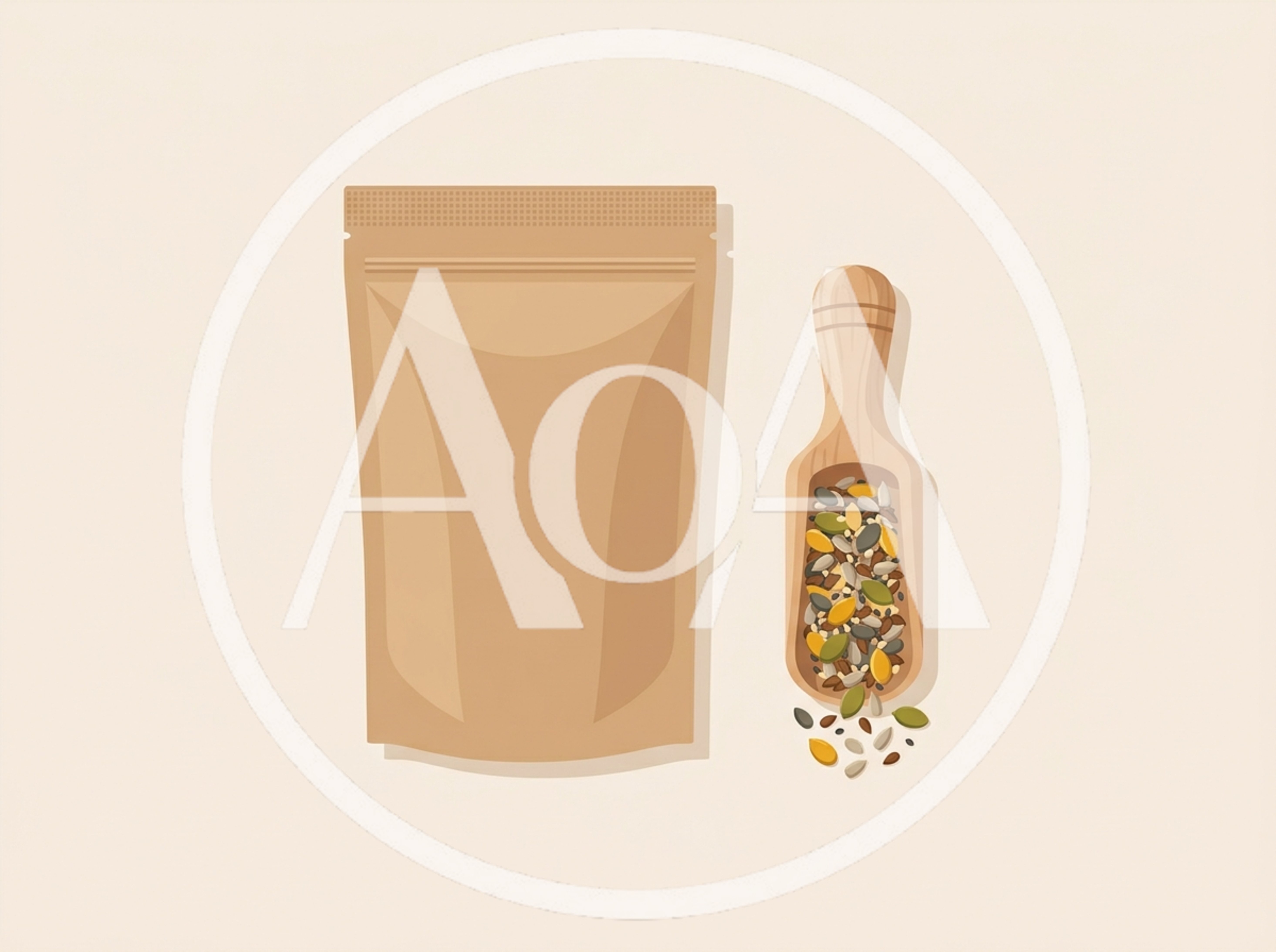 Kraft Paper Pouch With Wooden Scoop Of Mixed Seeds
