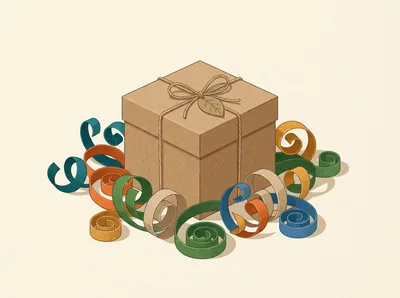 Isometric Brown Gift Box With Colorful Paper Ribbons