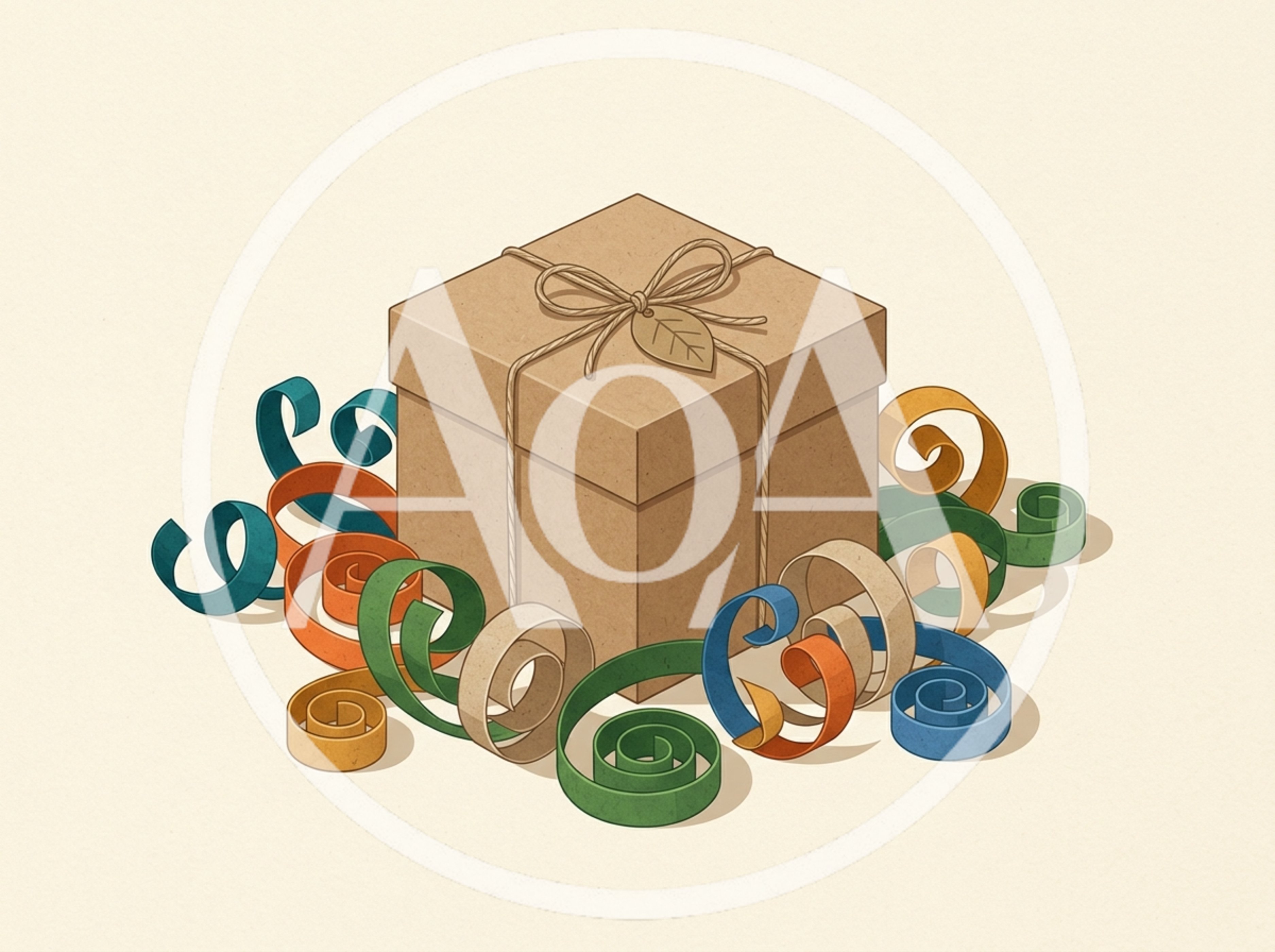 Isometric Brown Gift Box With Colorful Paper Ribbons