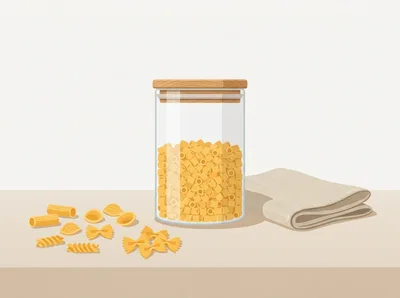 Glass Jar Filled With Ditalini Pasta On Kitchen Counter