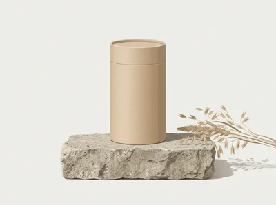 Cardboard Cylinder Packaging Mockup On Stone Pedestal