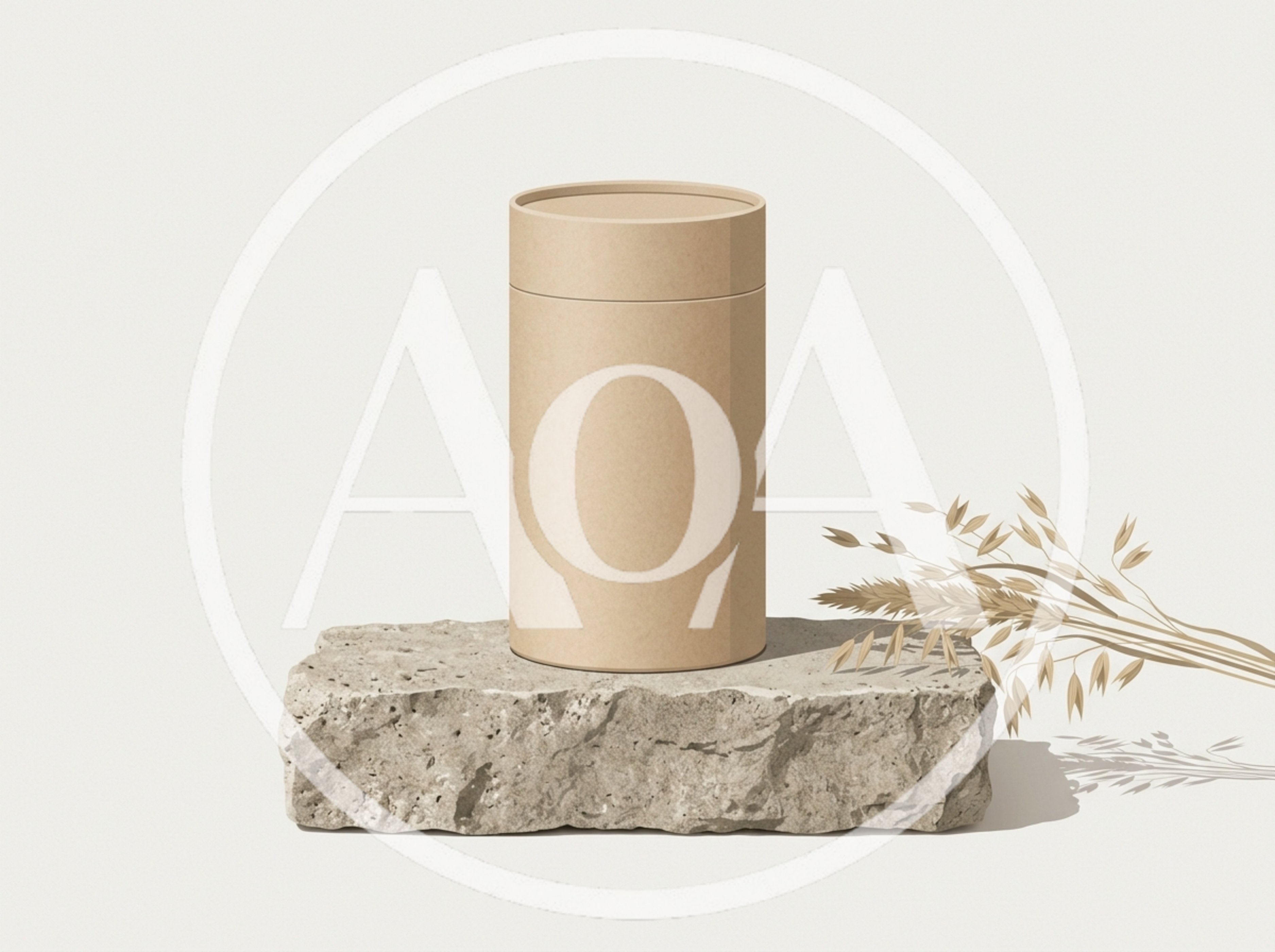 Cardboard Cylinder Packaging Mockup On Stone Pedestal