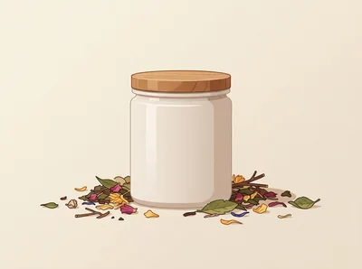 Minimalist Jar Surrounded By Dried Tea Leaves And Flowers