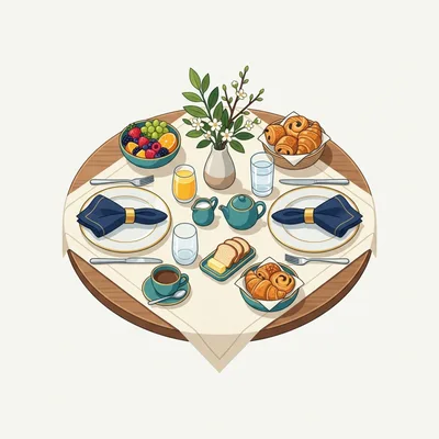 Breakfast Table Setting With Pastries And Fruit
