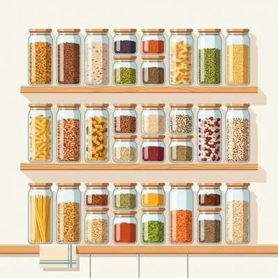 Pantry Shelves With Assorted Glass Jars Of Dry Goods