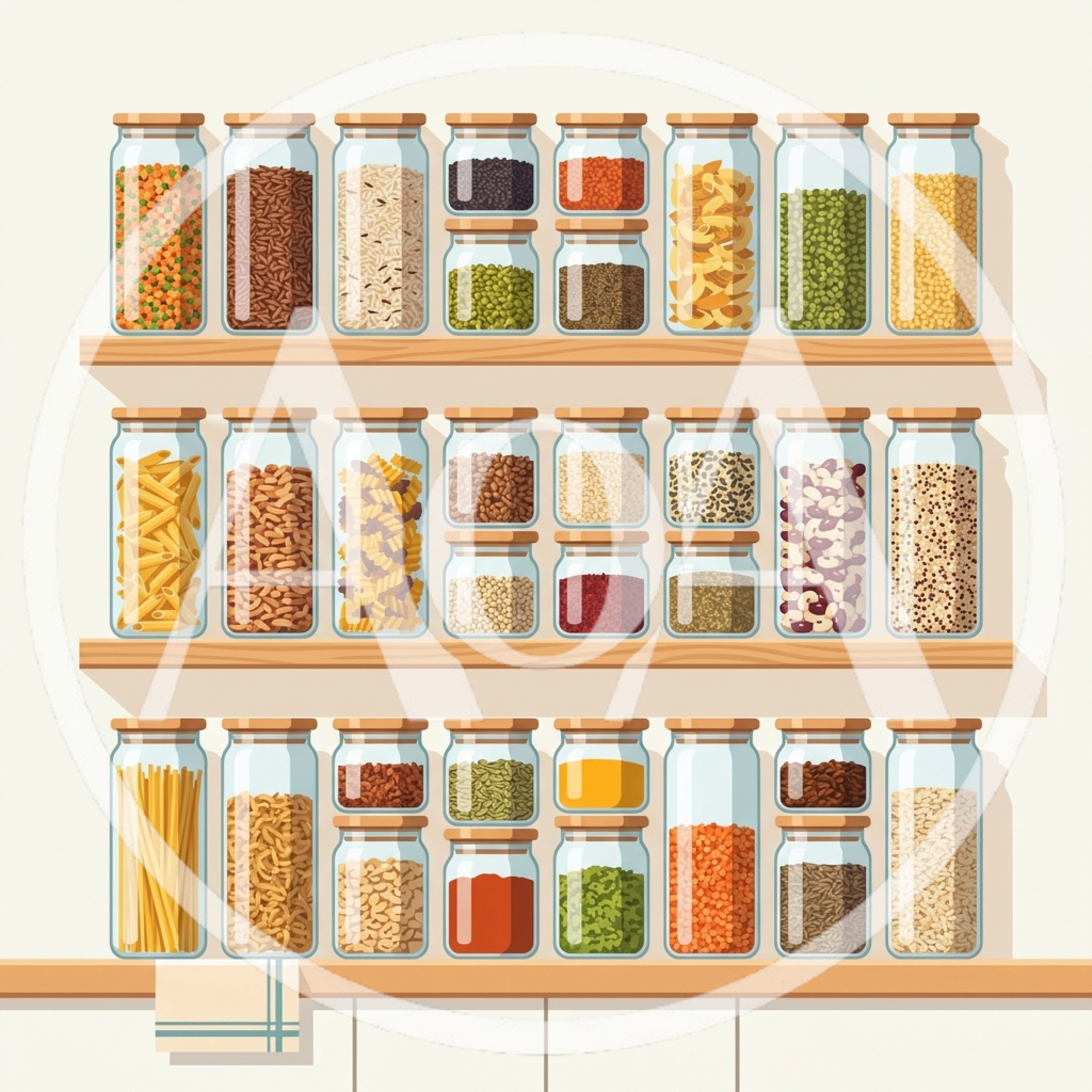 Pantry Shelves With Assorted Glass Jars Of Dry Goods