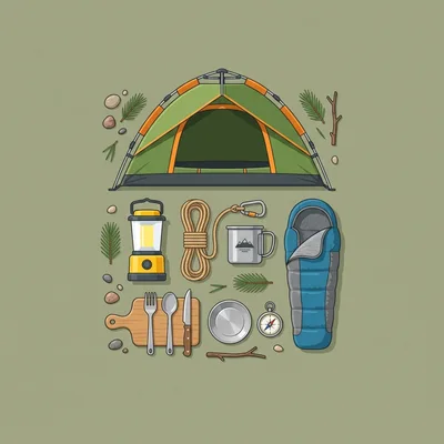 Camping Gear Essentials Flat Lay Illustration