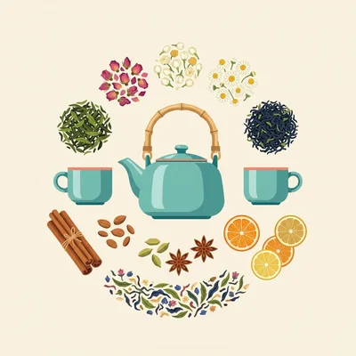 Tea Ingredients And Teapot Illustration